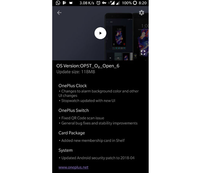 OnePlus 5T April 2018 Security Patch Update