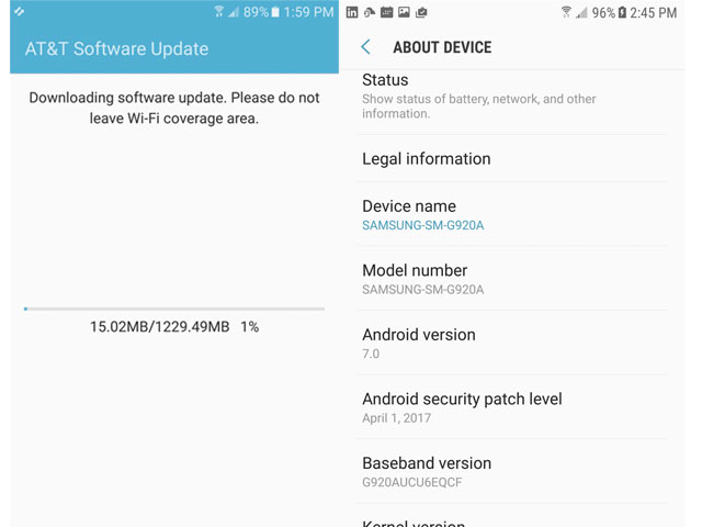 Samsung Galaxy S6 Series Nougat Update AT&T